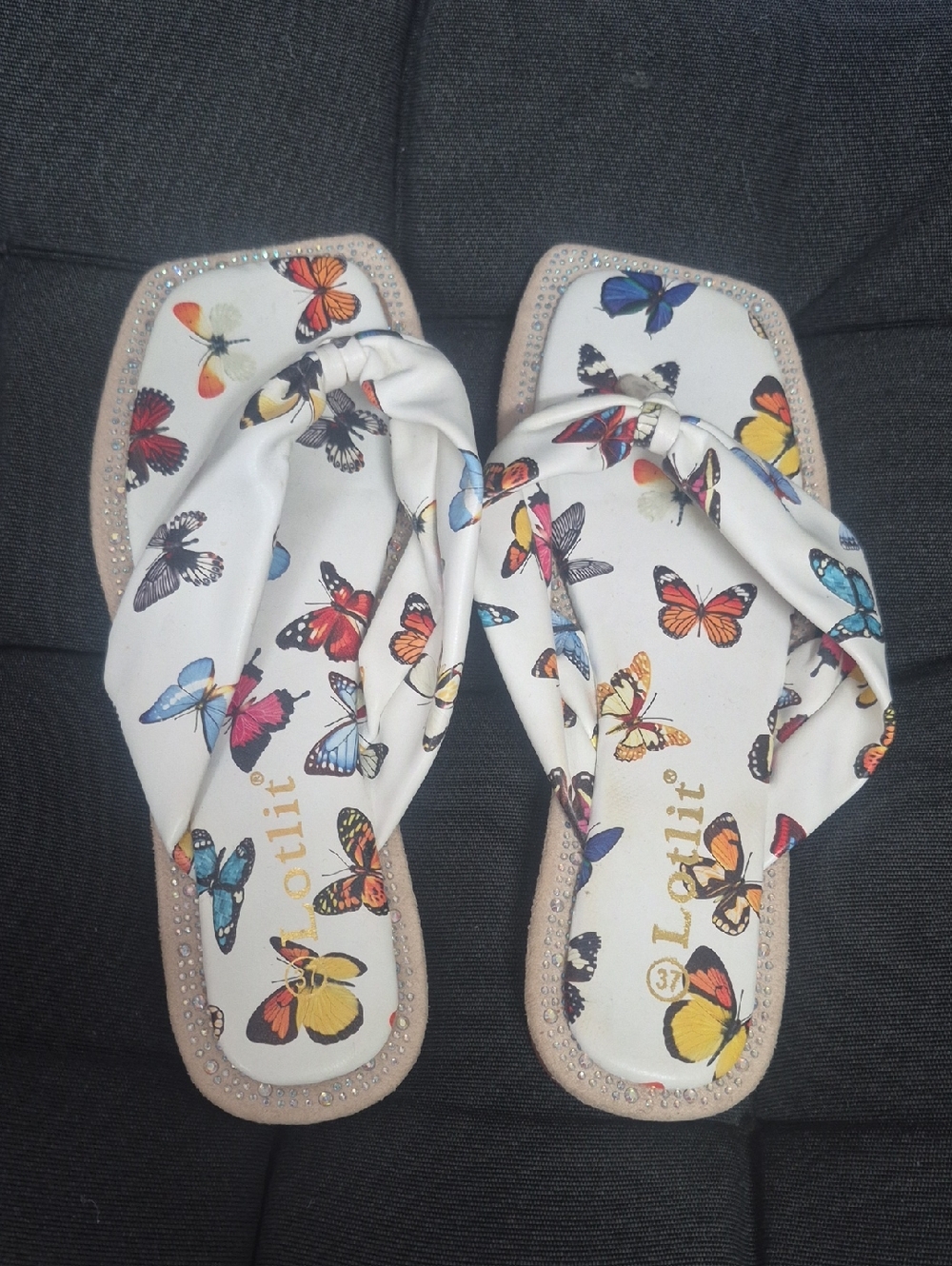 Lolita White Butterfly Print Knotted Sandals with Multicolor Accents